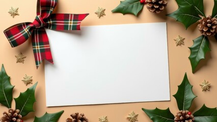 Blank greeting card with festive christmas decorations and holly leaves