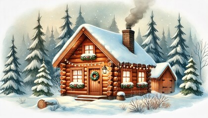 Snowy Log Cabin with Festive Decor in Winter Forest

