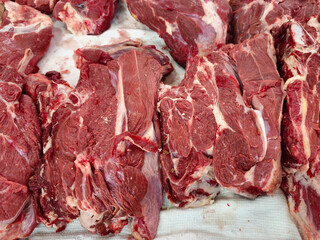 Raw meat for sale at a butcher's shop, close-up. A piece of raw beef meat close-up on a market counter.