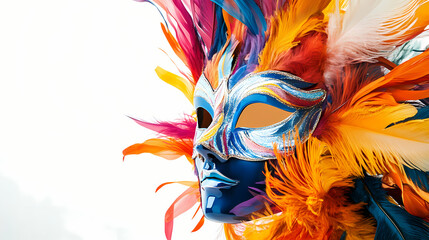 Venetian mask with vibrant feathers on white background, artistic expression concept. Venetian Masked Ball. Illustration