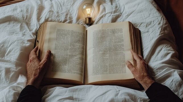 Book pages spread open with a lit light bulb in the center, suggesting an epiphany or new knowledge