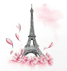 Eiffel Tower and pink flowers, pencil drawing on a white background