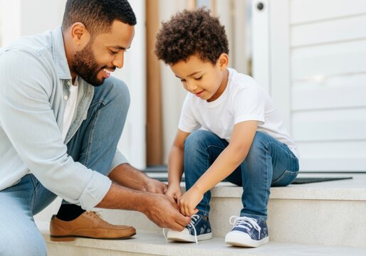 African-American father teaching son to tie shoes on porch steps in casual setting.