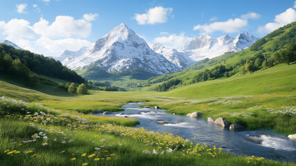 serene mountain landscape with flowing river and vibrant wildflowers