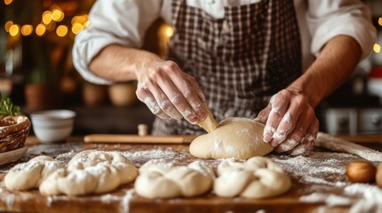Fototapeta premium A chef baking in a warm kitchen, preparing dough and pastries for a family gathering, conveying the joy of home cooking.