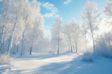 Winter Christmas landscape with snowy trees and blue sky.