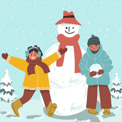 Children are playing building a snowman in winter. Stock of children's vector illustrations. Winter activities. Hand drawn vector illustration.