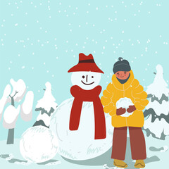 Boy Making Snowman, Perfect for Winter and Holiday Themes - Flat Vector Illustrationю Hand drawn vector illustration.