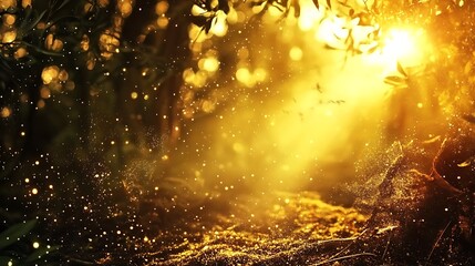 Naklejka premium A captivating scene of a forest illuminated by the setting sun, painting the landscape in a mesmerizing golden hue that shimmers with floating dust particles