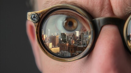 Man's reflection in a pair of glasses shows a cityscape