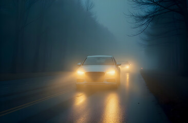 high beam headlights through thick fog