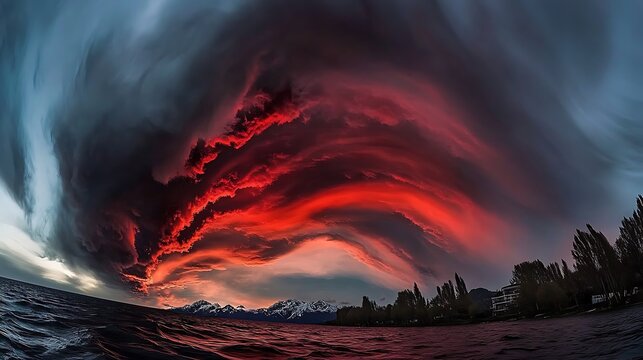 A mesmerizing image of swirling red clouds filling the sky, creating a sense of mystery and intrigue in a dramatic landscape.