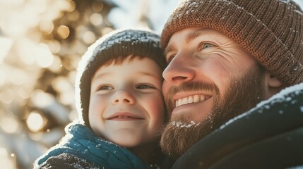 Close-up of joyful father and son enjoying winter day together. Concept of family warmth, father-son bond, and wintertime happiness.