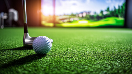 Obraz premium Golf Ball and Club on Green Putting Green with Blurred Background