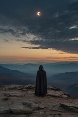 Silhouetted person in cloak on rocky terrain at sunset in mountains