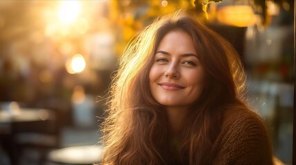 Fototapeta premium A woman with long brown hair smiles at the camera