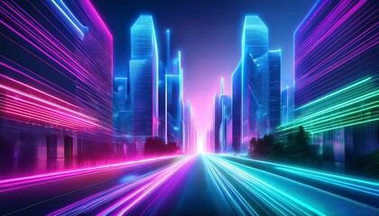 Fototapeta premium A Bright neon's work blue pink a vibrant of city street and buildings