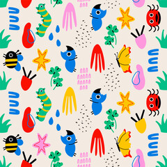 seamless pattern cute bugs. Child drawing insects, flying butterflies and baby ladybird. Flower butterfly, fly insect and beetle. flat vector isolated icons set