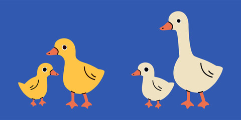 Flair cardboard goose family in flat style isolated on background. Mother and little birds. Farm animals. Vector illustration.