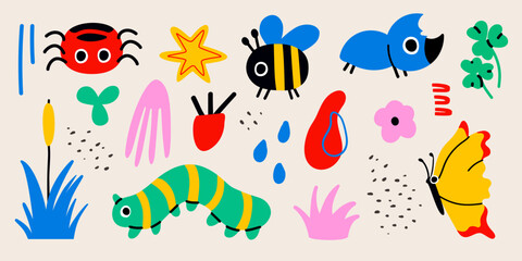 Cute bugs. Child drawing insects, flying butterflies and baby ladybird. Flower butterfly, fly insect and beetle. flat vector isolated icons set