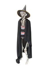 Human halloween skeleton figure in cloak and hat with blood bags hanging on neck isolated on white background