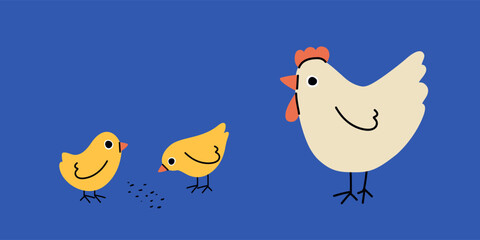 Flair cardboard hens and chicken family in flat style isolated on background. Mother and little birds. Farm animals. Vector illustration.