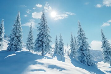Fototapeta premium Winter snow covered fir trees on mountainside on blue sky with sun shine background Winter
