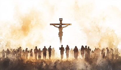 Crowd gathered with devotion around a figure on a cross during a solemn religious event at dusk