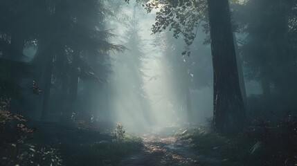 An Enchanting Tranquil Forest Surrounded by Fog with Whispering Winds Creating a Symphony of Sounds