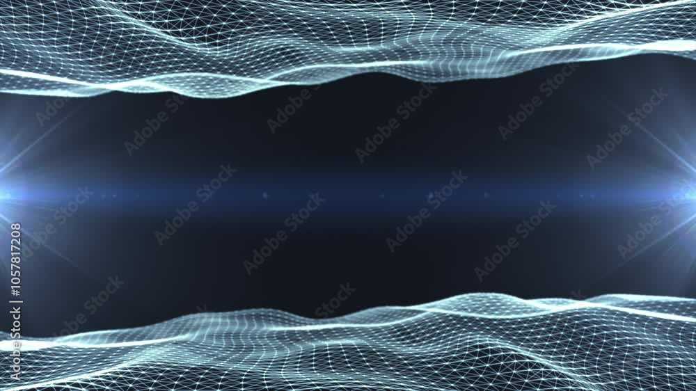 Poster abstract glowing wave from of particles and dots moves on a blue background, big data visualization,