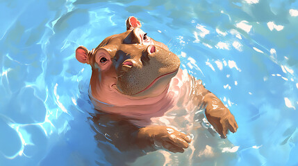 Cute Hippopotamus Swimming in a Pool