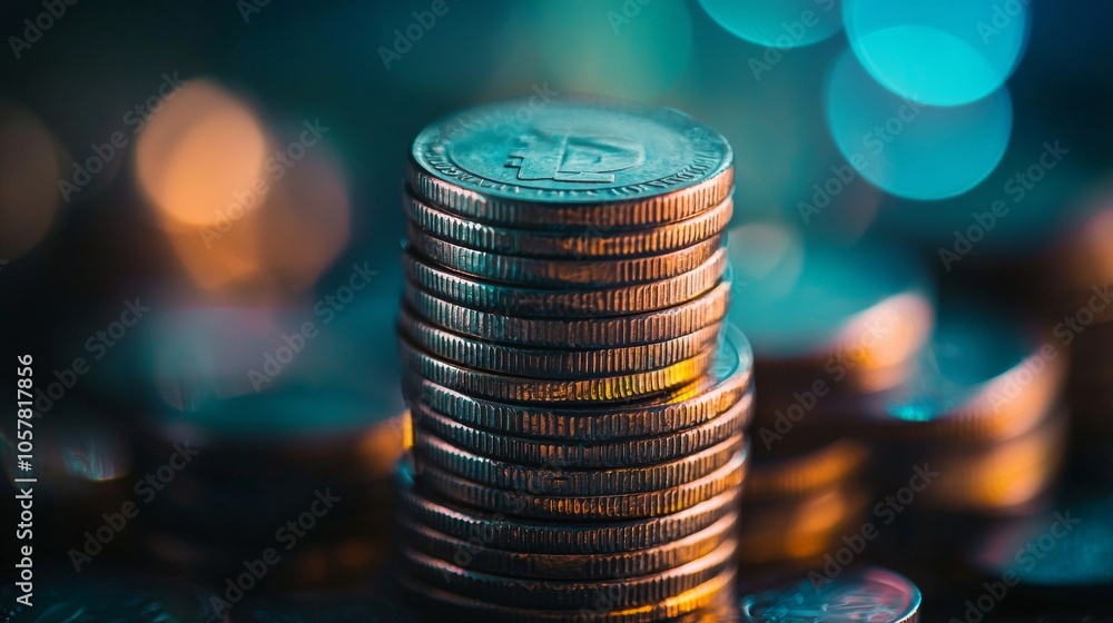 Poster stack of coins with colorful bokeh lighting