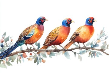 Obraz premium Three colorful birds perched on a branch, showcasing vibrant plumage and natural beauty.