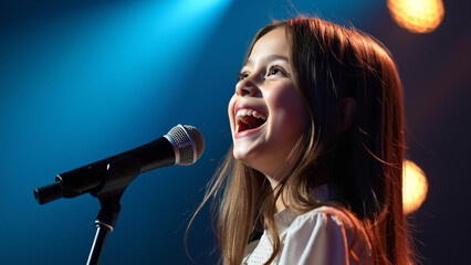 Adorable Cute Little Young Girl Performing on Stage Smiling in School Theater Program. 