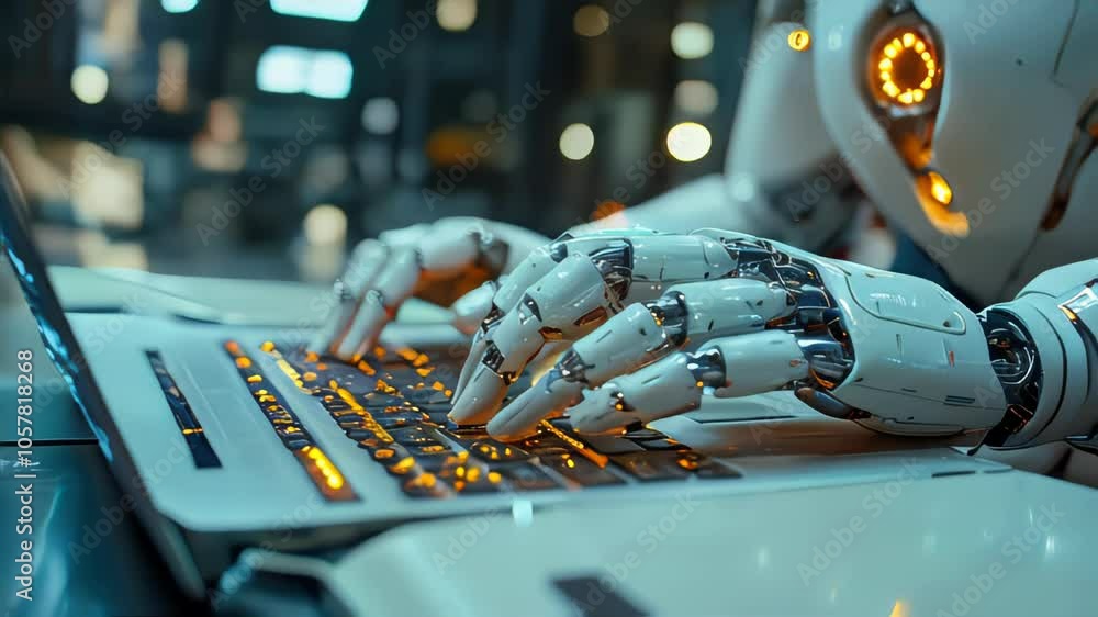 Poster close-up of robot hands typing on a laptop keyboard