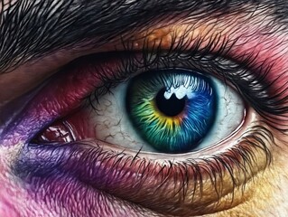 A close up of a person's eye with a rainbow colored iris