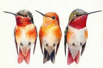 Three Colorful Hummingbirds Illustrated Watercolor