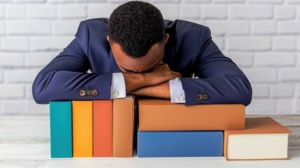 A stressed individual rests their head on a stack of books, symbolizing the pressure of studying and academic challenges.