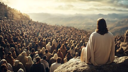 Jesus Preaching: Jesus sitting on a rock, preaching to a large crowd on a mountain, captured from behind.