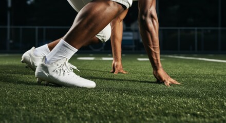 Athlete in starting position on green football field, close-up of legs and shoes.