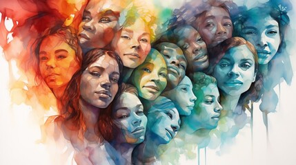 Watercolor painting of a diverse group of women, showcasing beauty in all shades.