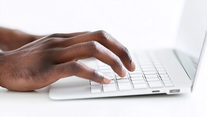 A close-up view of a hand typing on a laptop keyboard at a minimalist desk during daylight hours