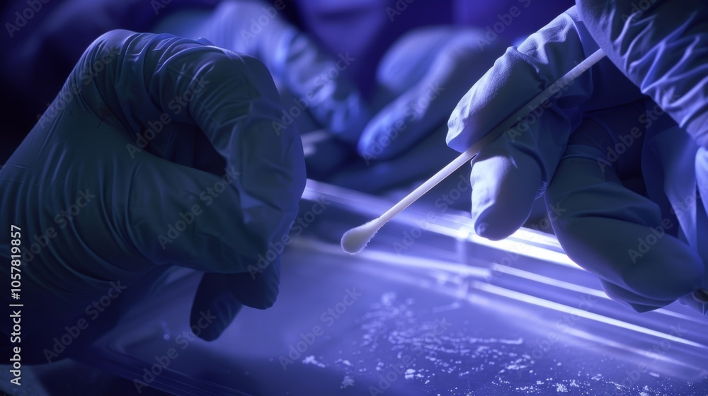 Poster a forensic scientist wearing gloves using a swab to collect trace dna evidence from a surface.