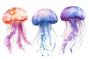 Three colorful watercolor jellyfish with flowing tentacles.