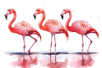 Obraz premium Three pink flamingos standing gracefully in a watercolor style.