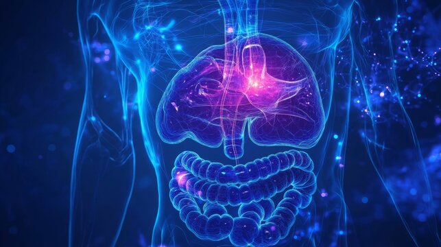 Illustration of the liver and digestive system that emphasizes the role of the liver in digestion, with clear connections to the stomach and intestines.