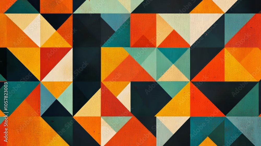Poster a vibrant geometric pattern with colorful triangles and shapes, showcasing a playful and dynamic des
