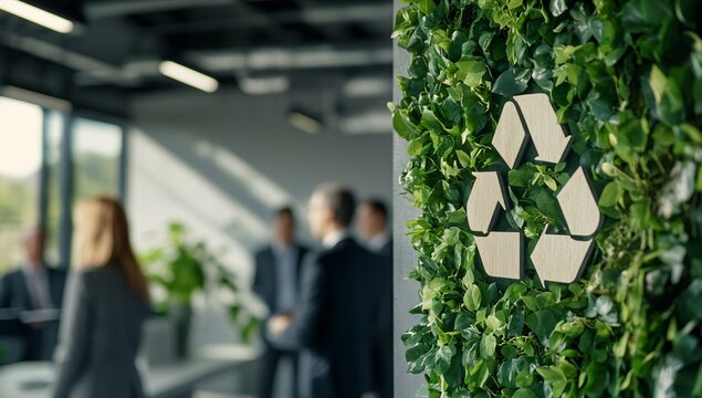 Modern office interior with green plants and a recycling symbol promoting sustainability and environmental awareness