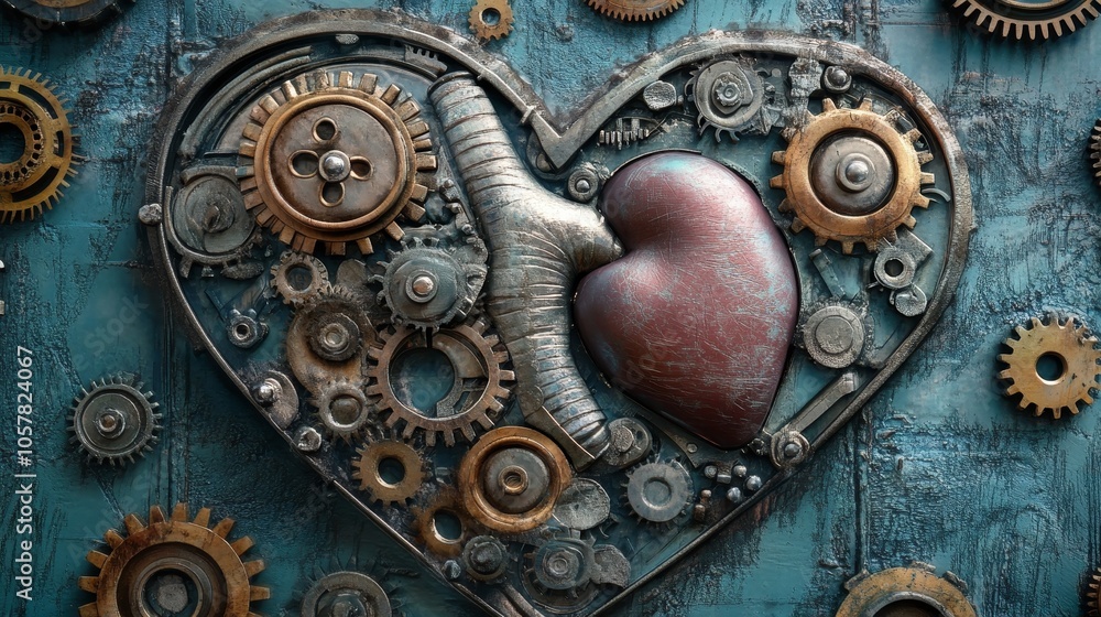 Poster a unique steampunk art piece featuring a mechanical heart interwoven with gears and pipes, symbolizi