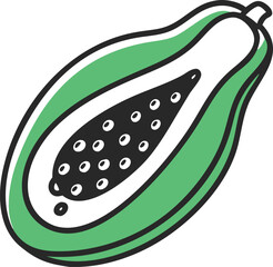 Papaya Illustration with Seeds and Orange Flesh, Colorful illustration of a halved papaya, showing vibrant orange flesh and black seeds, symbolizing tropical fruit and healthy eating.